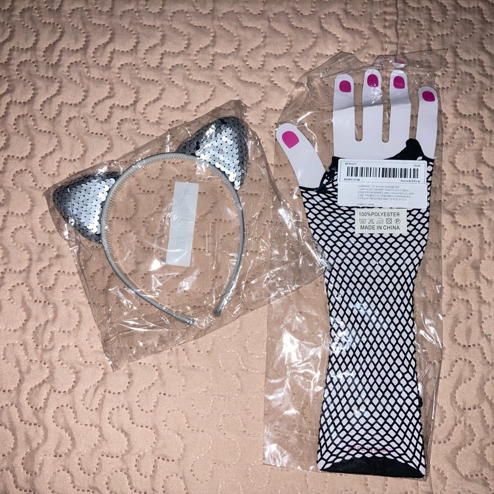 Long Net Gloves Cat Ears Head Band Costume Party Halloween Silver Sequins